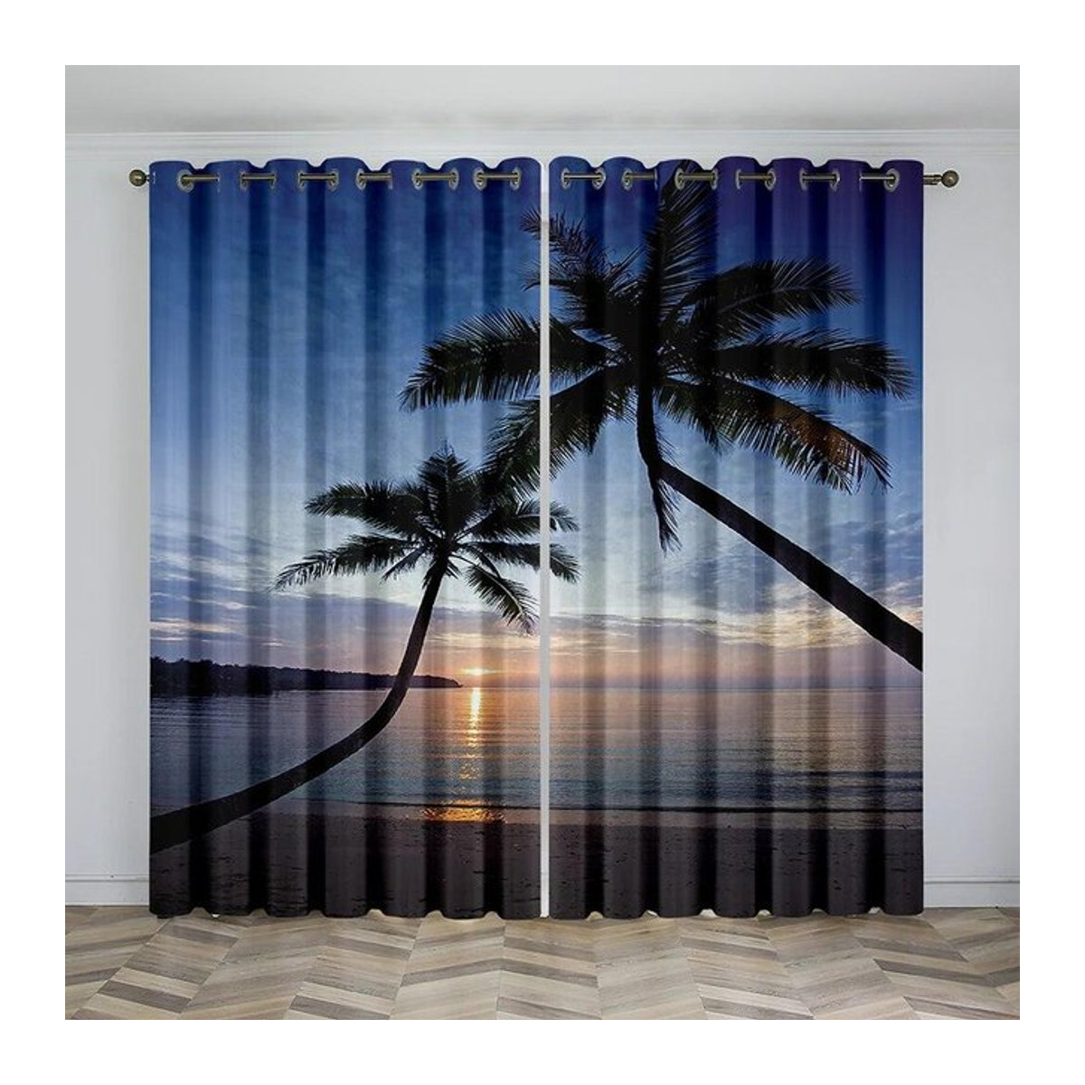 Transparente Voile Gardinen mit Kokospalmen und Sonnenuntergang am Meeresstrand für Wohnzimmer, Küche und Schlafzimmer, Set aus 2 Stück, Breite: 50 cm, Höhe: 130 cm - Bild 1