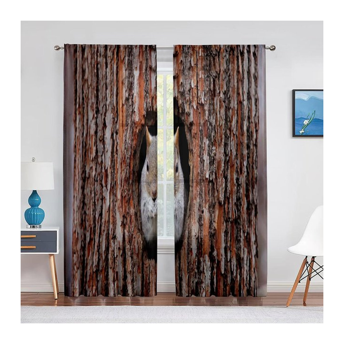 Transparente Voile Vorhänge mit Eichhörnchen und Apfel Motiv in Blumiger Optik, Breite: 100 cm, Höhe: 250 cm - Bild 1