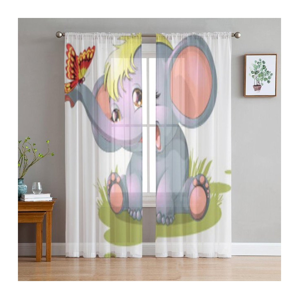 Transparente Voile Vorhänge mit Elefanten- und Schmetterlingsmuster für Schlafzimmer, Wohnzimmer oder Küche, B: 135 cm, H: 114 cm - Bild 1
