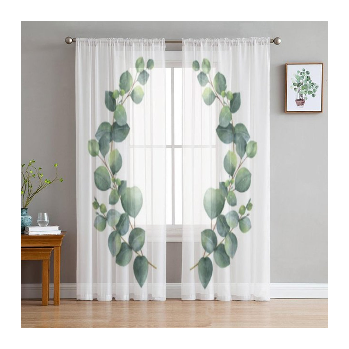Transparente Voile-Vorhänge mit Eukalyptusblättern und Zweigen für Schlafzimmer und Wohnzimmer, B: 135 cm, H: 114 cm - Bild 1