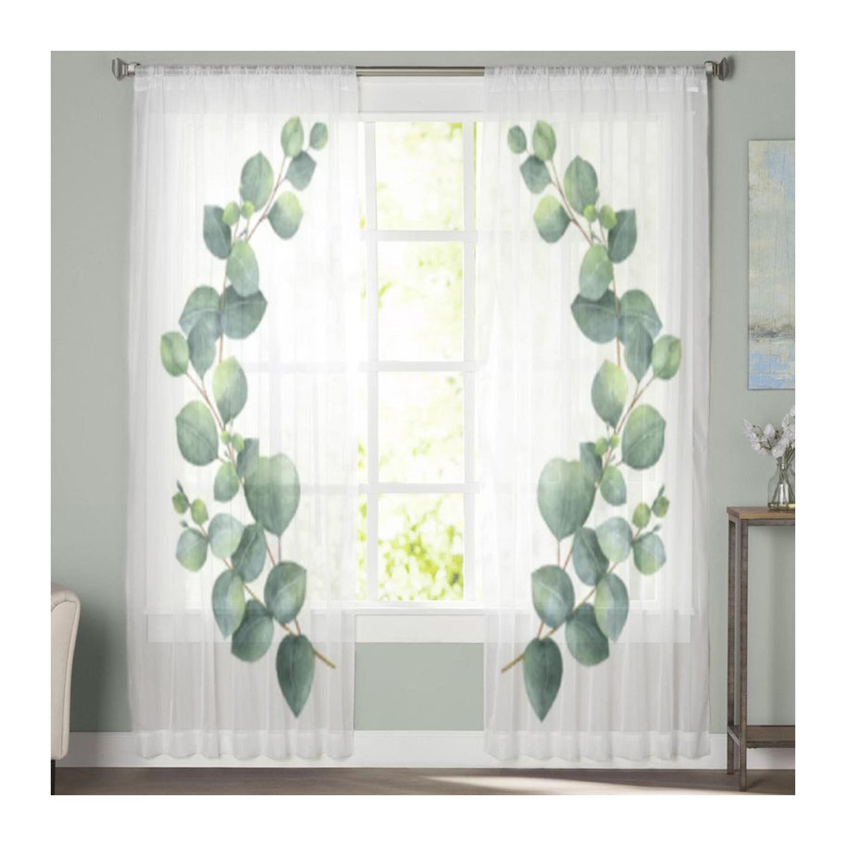 Transparente Voile-Vorhänge mit Eukalyptusblättern und Zweigen für Schlafzimmer und Wohnzimmer, B: 135 cm, H: 114 cm - Bild 2
