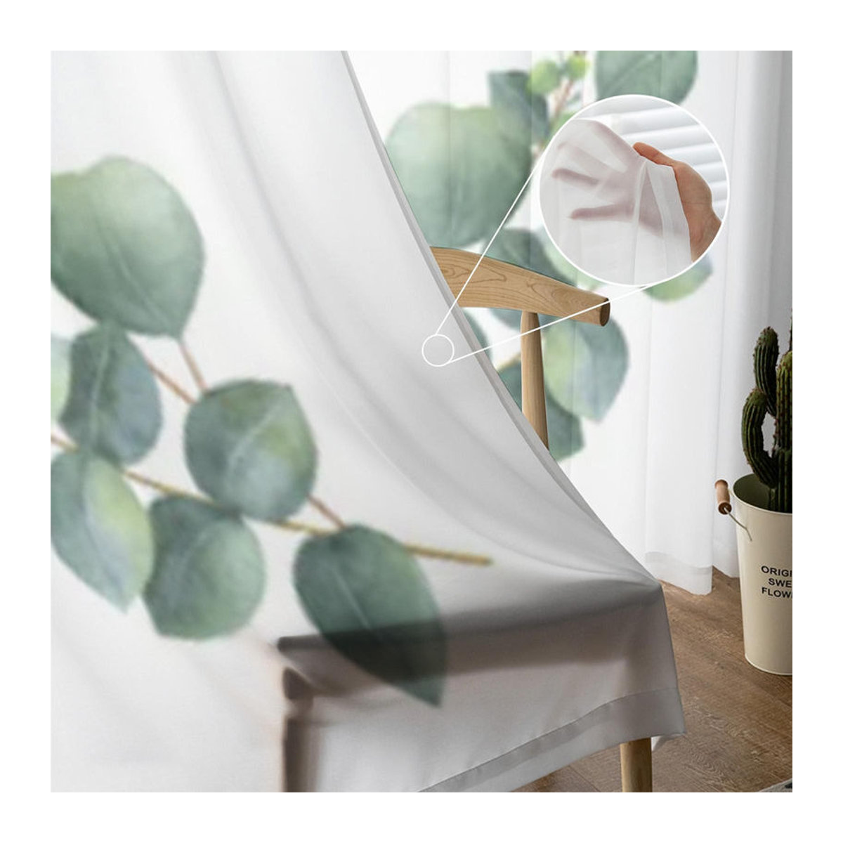 Transparente Voile-Vorhänge mit Eukalyptusblättern und Zweigen für Schlafzimmer und Wohnzimmer, B: 135 cm, H: 114 cm - Bild 4