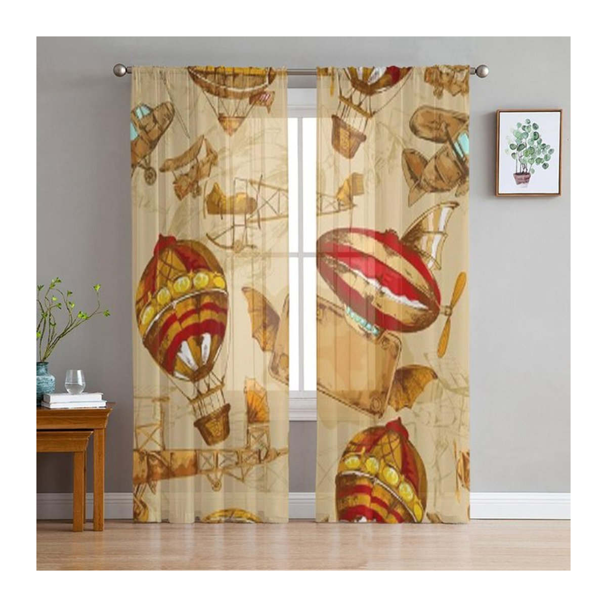 Transparente Voile-Vorhänge mit Luftfahrt-Motiv im Vintage-Stil, Organza-Gardine für dein Wohnzimmer, Breite: 135 cm, Höhe: 114 cm - Bild 1