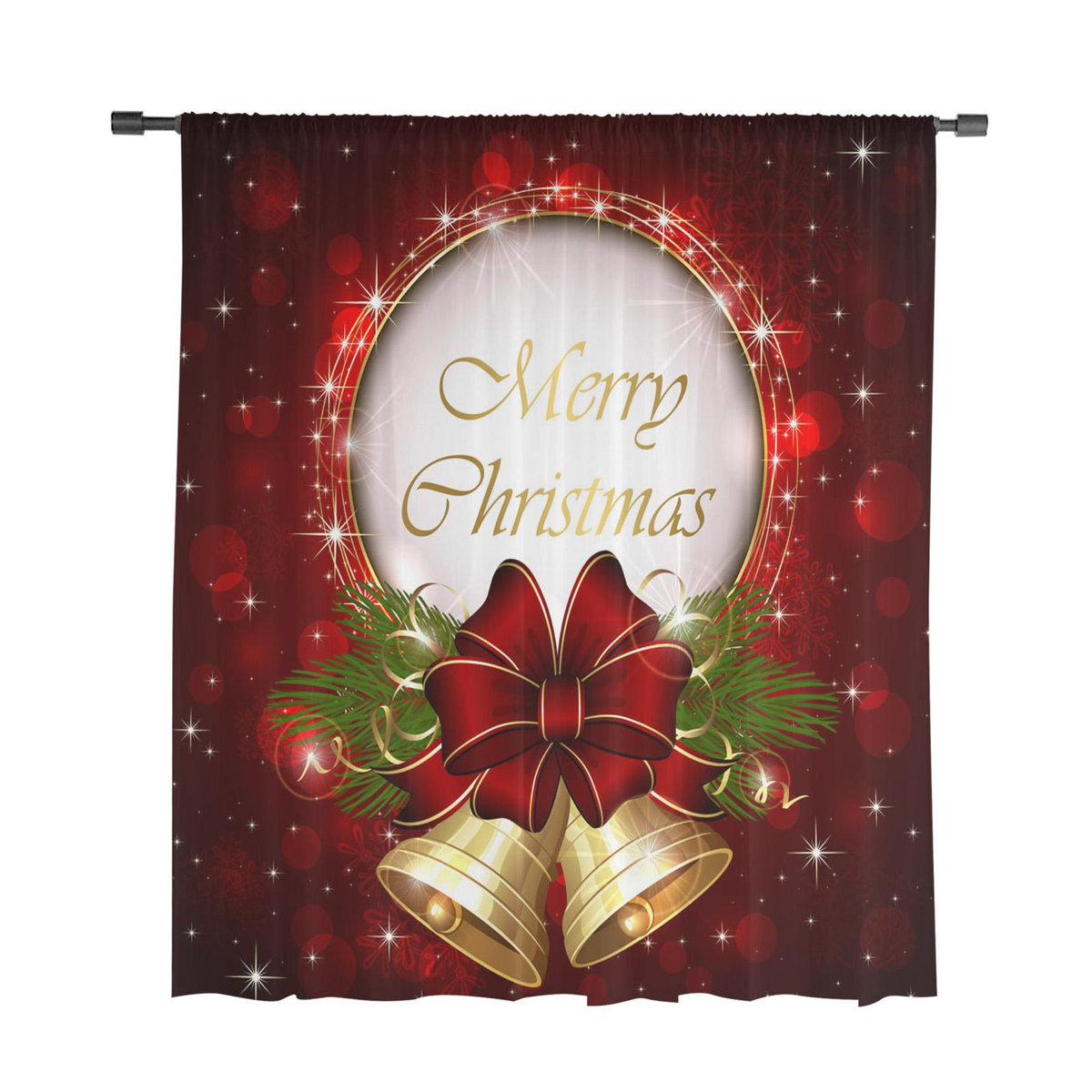 Transparente Weihnachts-Voile-Vorhänge mit Weihnachtsglocken, Buchstaben, Schleife und Tüll für Wohnzimmer und Schlafzimmer, B: 135 cm, H: 114 cm - Bild 1