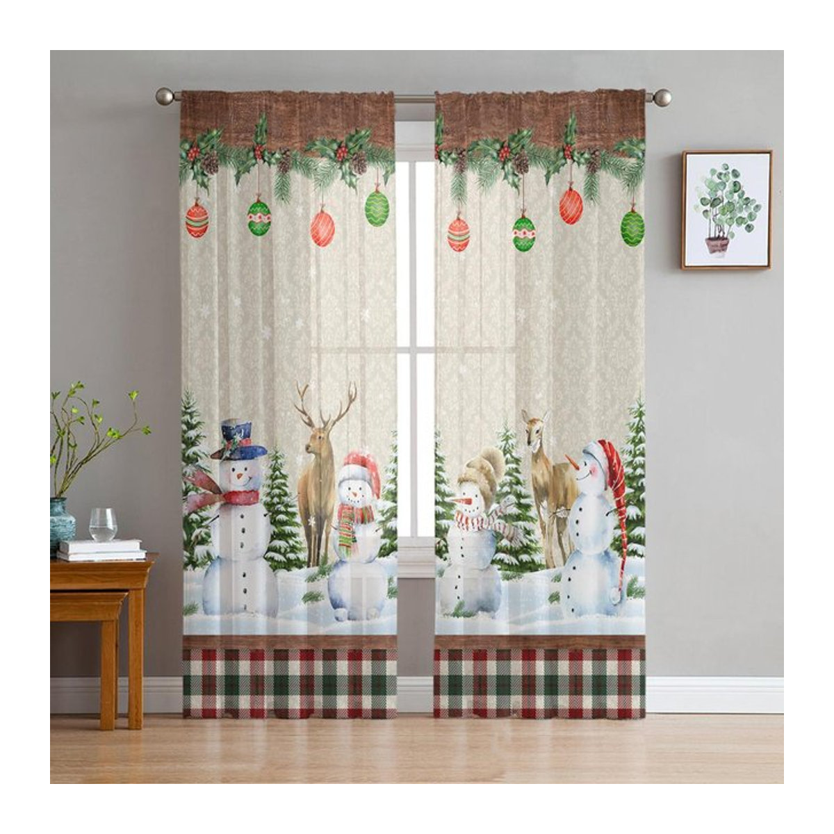 Transparente Weihnachts-Vorhänge mit Elch, Schneemann und Tannenbaum aus Voile Tüll für Kinderzimmer und Wohnzimmer, B: 135 cm, H: 114 cm - Bild 1