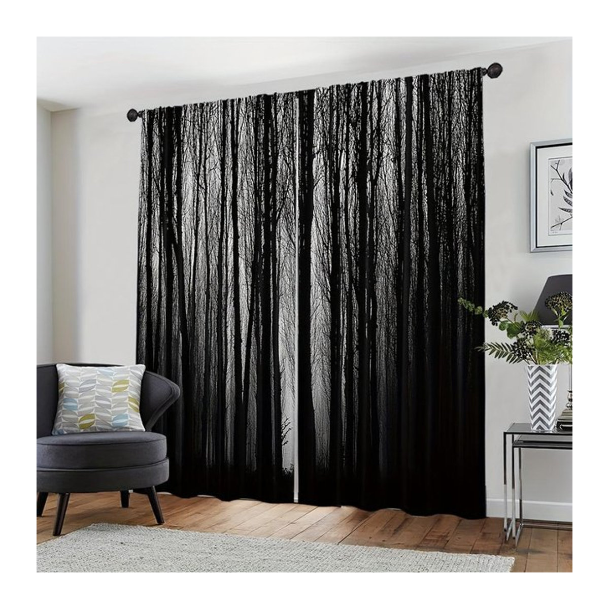 Transparenter Gotischer Vorhang Schwarzwald Kiefern aus Polyester von Tonnika Chen, Breite: 100 cm, Höhe: 70 cm - Bild 1