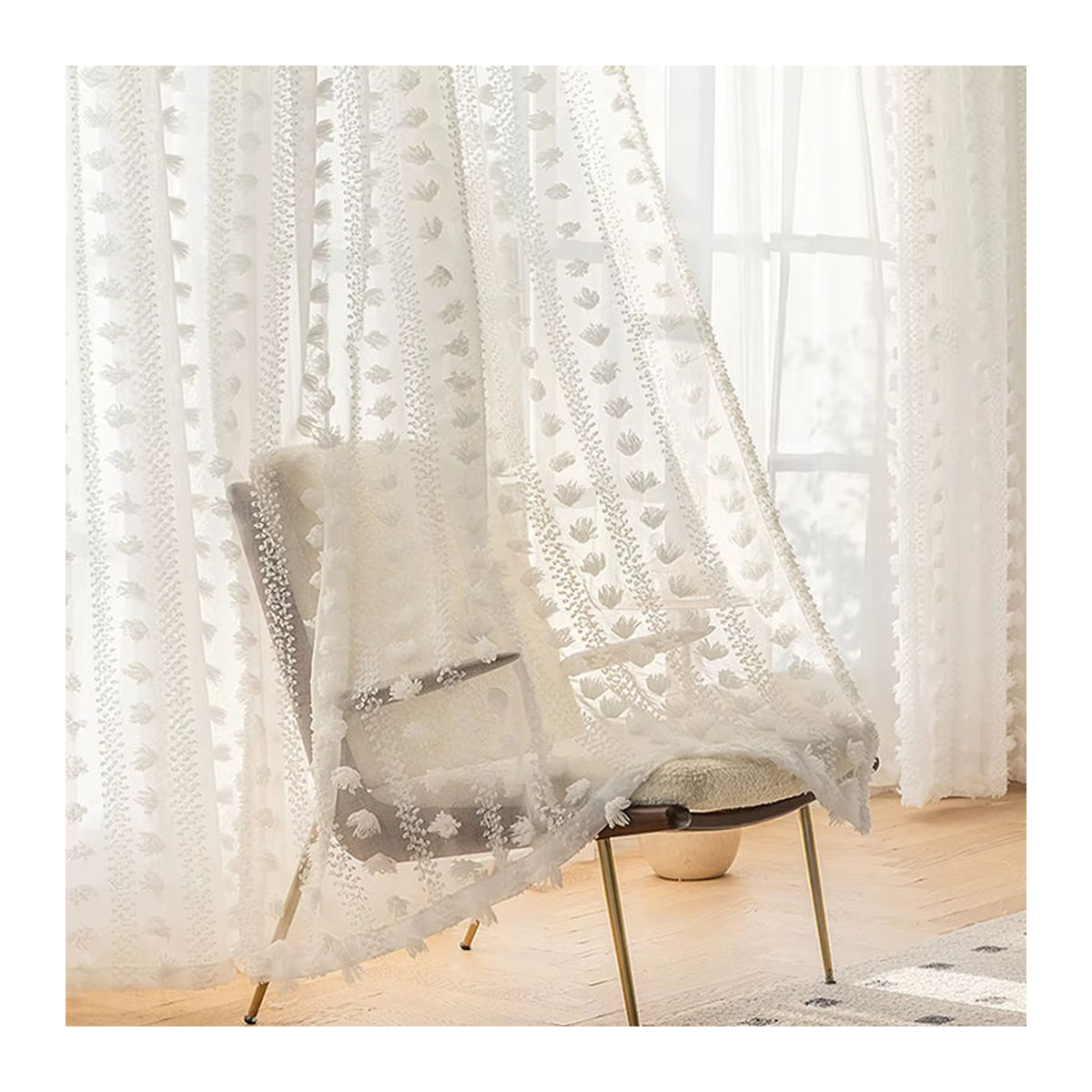 Transparenter Mullvorhang mit süßen Pom Poms für das Kinderzimmer, Stangentaschen-Aufhängung, Weiß - Bild 5