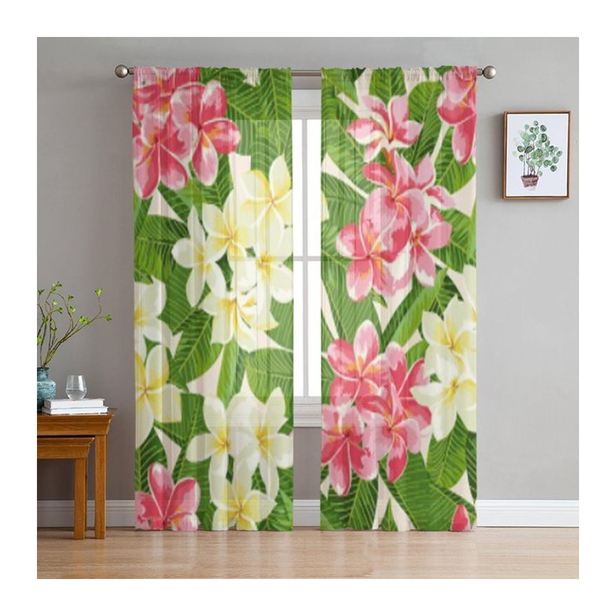 Transparenter Organza-Vorhang mit exotischem tropischem Blumenmuster in Multicolor, B: 135 cm, H: 114 cm - Bild 1