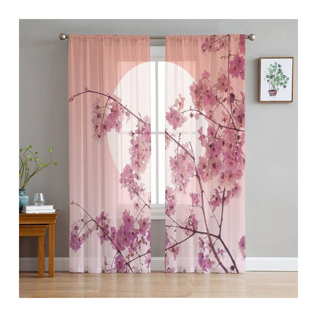 Transparenter Tüll-Fenstervorhang mit japanischem Kirschblüten-Design für Wohnzimmer, Schlafzimmer und Küche, B: 135 cm, H: 114 cm - Bild 1