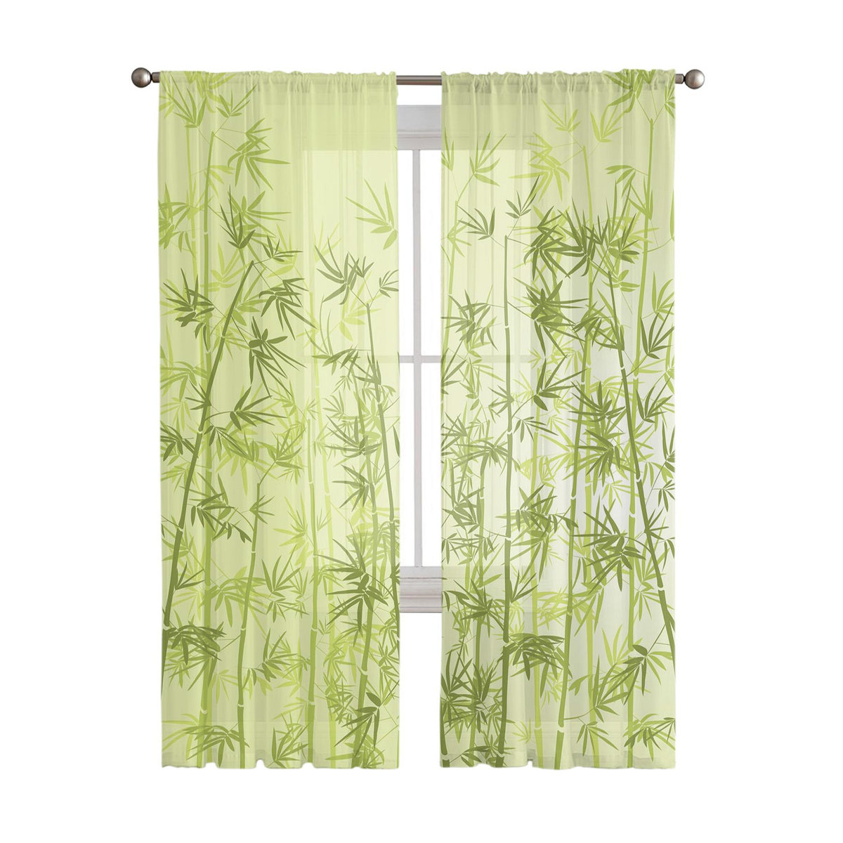 Transparenter Tüll-Vorhang von A Family Of Home Textiles mit grünem Bambusblatt-Design für Wohnzimmer, Schlafzimmer und Küche, H 213 cm x B 135 cm - Bild 1