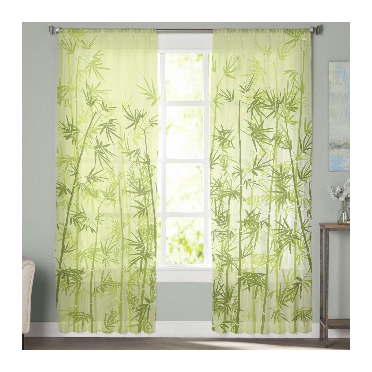 Transparenter Tüll-Vorhang von A Family Of Home Textiles mit grünem Bambusblatt-Design für Wohnzimmer, Schlafzimmer und Küche, H 213 cm x B 135 cm - Bild 3