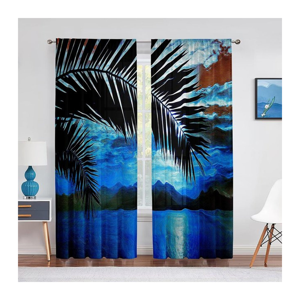 Transparenter Tüllvorhang mit tropischem Meereslandschaft-Design und Palmblättern in Blau, Chiffon-Voile für Wohnzimmer und Schlafzimmer, B: 100 cm, H: 250 cm - Bild 1