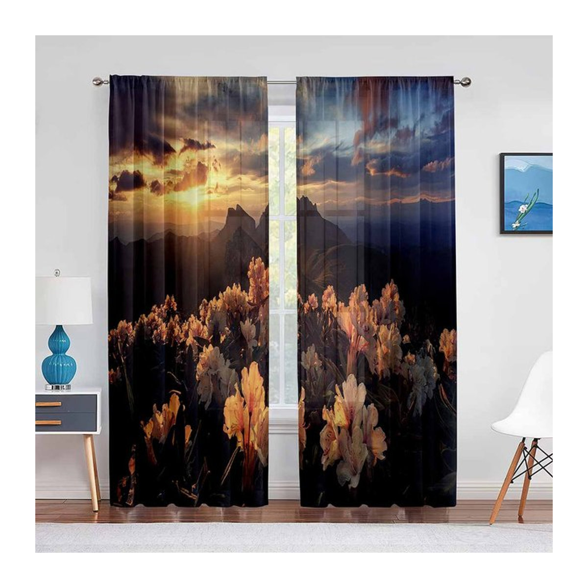Transparenter Voile-Vorhang mit Sonnenuntergangswolken und Sonnenstrahlen für Wohnzimmer, Schlafzimmer und Küche, Breite: 100 cm, Höhe: 250 cm - Bild 1