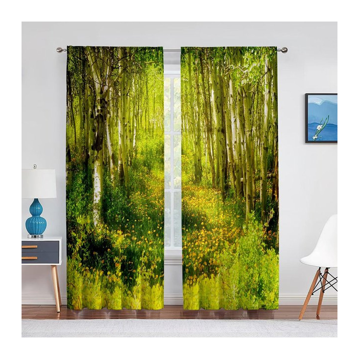 Transparenter Voile Vorhang mit Wald-Landschaftsmotiv in Grün von Binchi Outdoor Equipment, Breite: 100 cm, Höhe: 250 cm - Bild 1