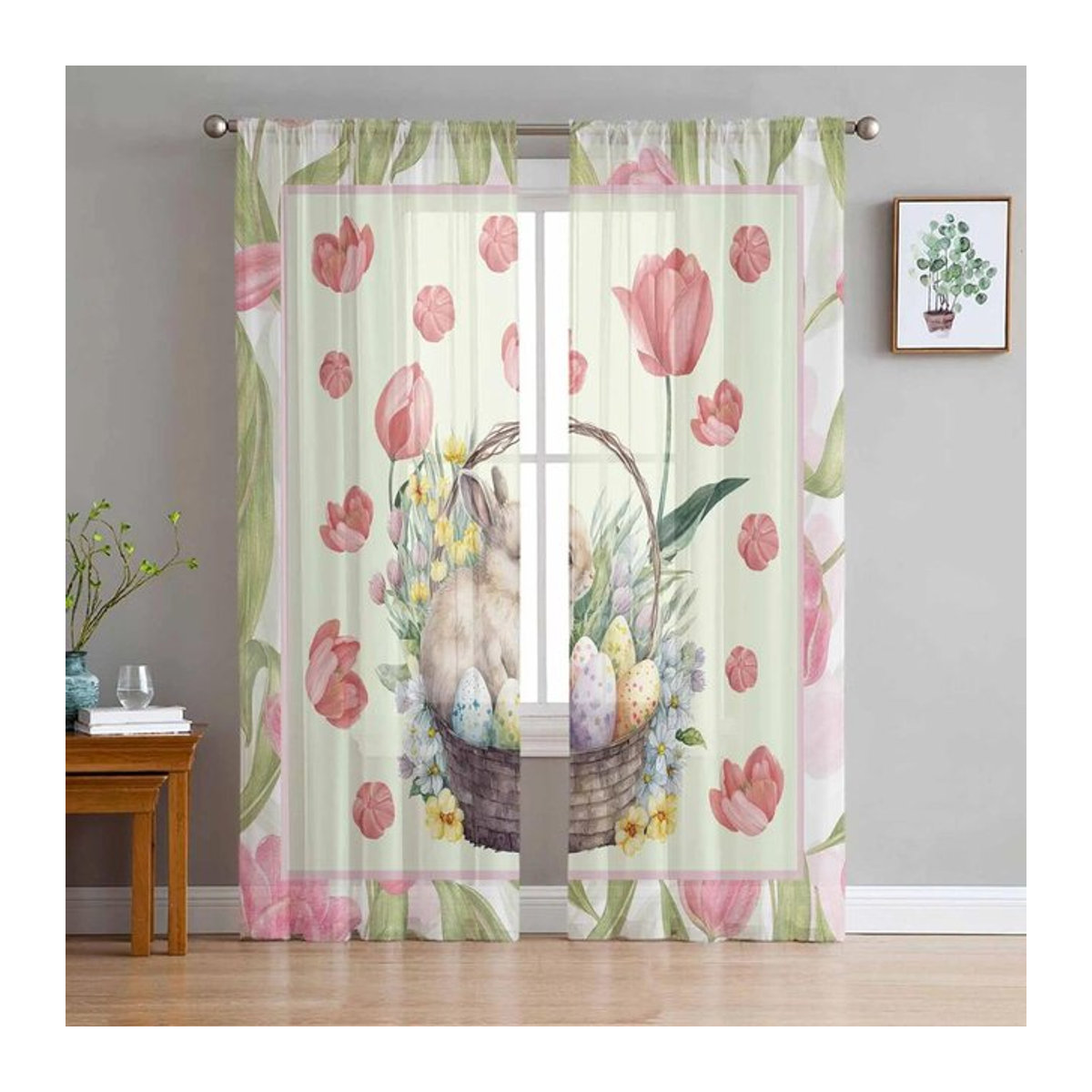 Transparentes Blumen Hase Tulpe Aquarell Vorhang aus Tüll Voile für Schlafzimmer und Wohnzimmer B: 135 cm, H: 114 cm - Bild 1