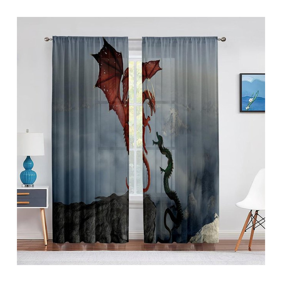 Transparentes Fantasy Drachen Tüllvorhang für Wohnzimmer und Schlafzimmer, Breite: 100 cm, Höhe: 250 cm - Bild 1