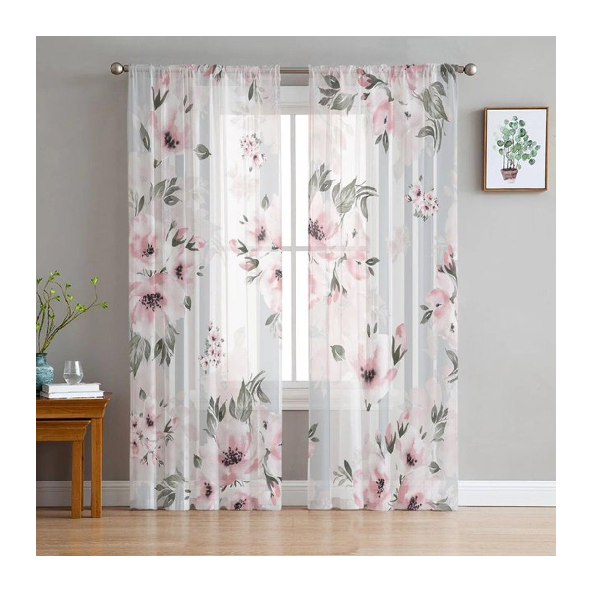Transparentes Tüllvorhang mit rosa Aquarellblumen von Your Warm Home, Breite: 135 cm, Höhe: 114 cm - Bild 1