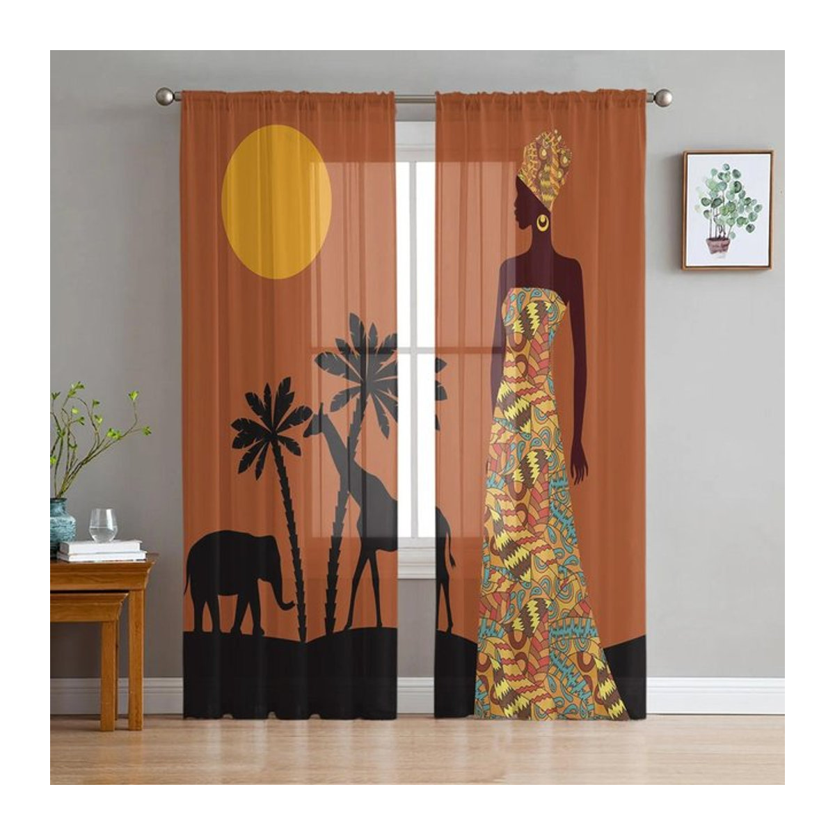 Transparentes Voile-Gardinen Set mit afrikanischem Motiv in Schwarz von Your Warm Home, Breite: 135 cm, Höhe: 114 cm - Bild 1