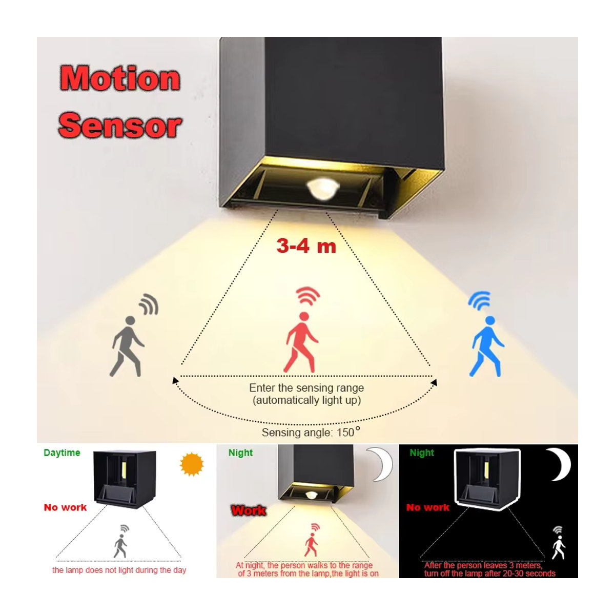 Trazos LED Wandleuchte mit PIR-Sensor, 12W, IP65 wasserdicht, Schwarz, Warmweiß - Bild 2