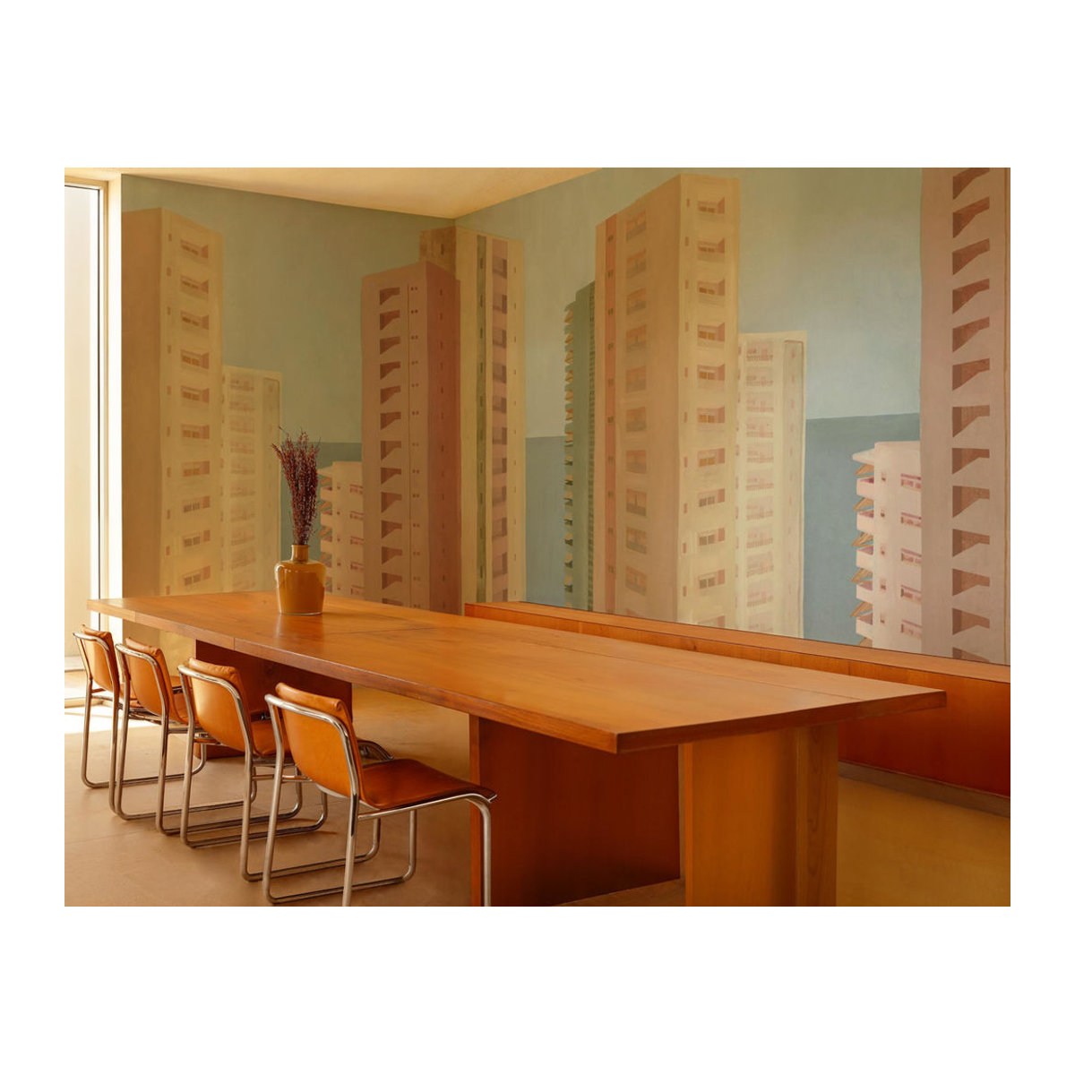 Tres Tintas Wandbild Benidorm Stadtlandschaft in Gelb, Orange, Blau und Rosa als geometrische Dekoration für deine Wand - Bild 1