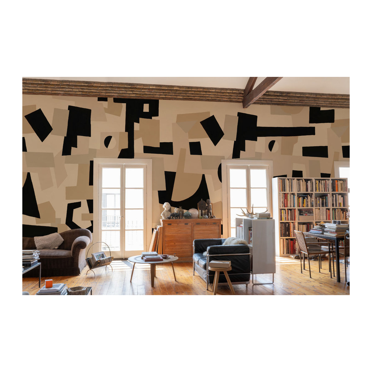 Tres Tintas Wandbild Cubic Experience – Abstraktes geometrisches Design in Schwarz, Weiß und Beige im Querformat - Bild 1