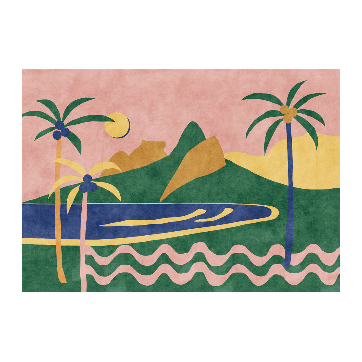 Tres Tintas Wandbild Janeiro - Abstraktes Landschaftsmotiv mit Palmen, Meer und Bergen in Rosa und Grün auf Papier im Querformat - Bild 1