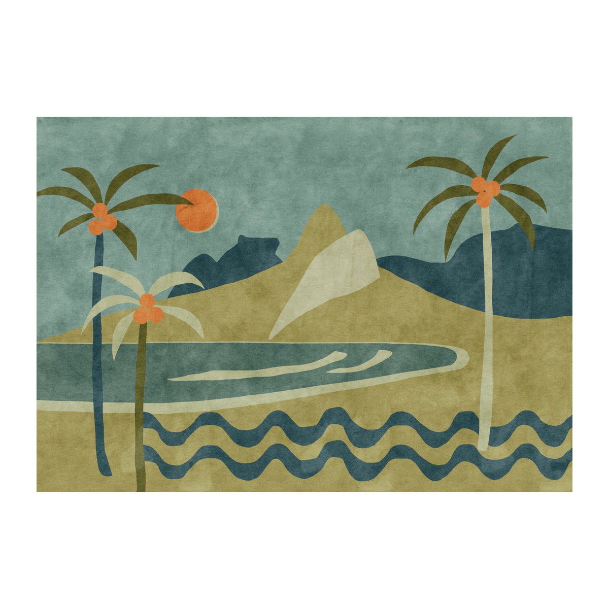 Tres Tintas Wandbild Janeiro in Querformat mit maritimem Motiv aus Palmen, Meer und Bergen in Blau und Grün - Bild 1