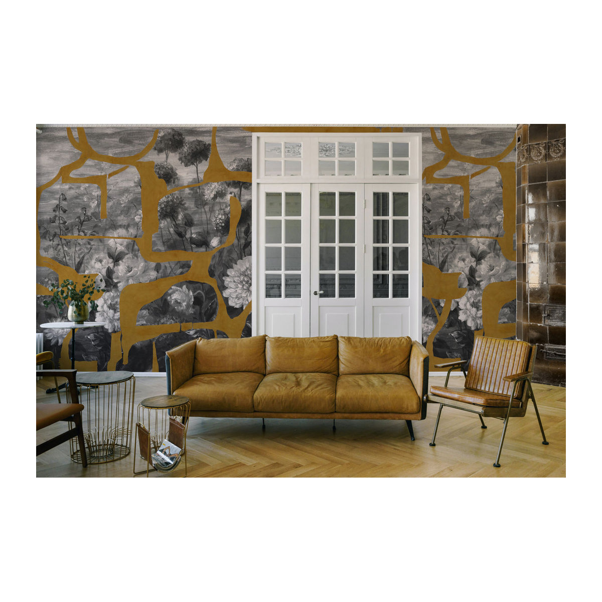 Tres Tintas Wandbild Prehistoric Flowers in Ocker und Grau mit floralem Motiv im Querformat - Bild 1