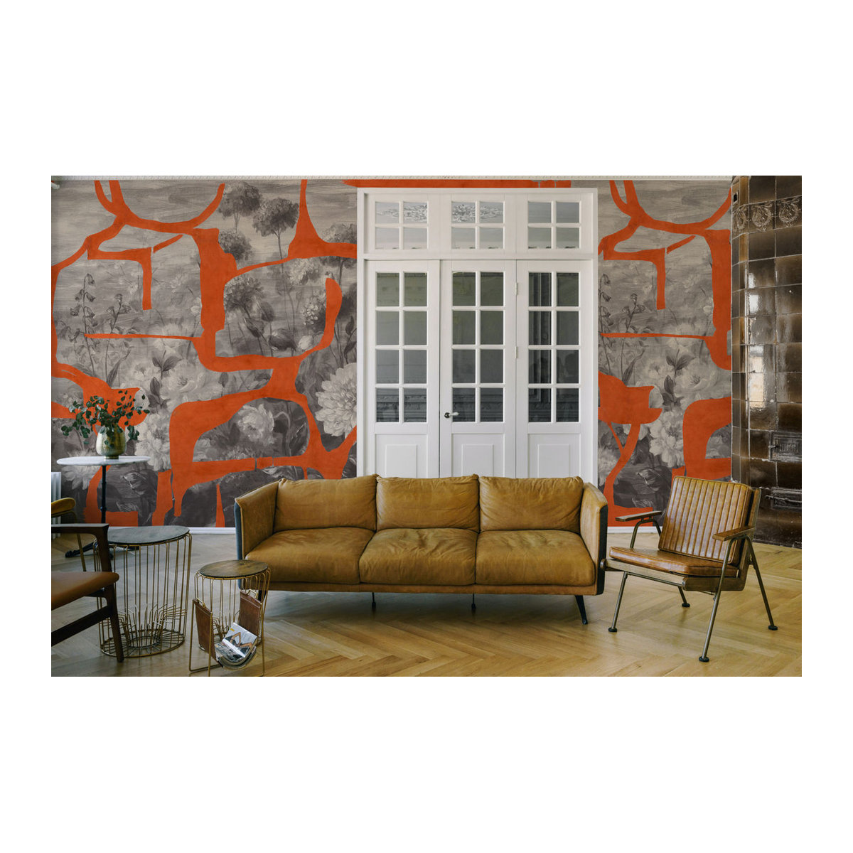 Tres Tintas Wandbild Prehistoric Flowers in Orange und Grau als florale Landschaftsdekoration aus Papier - Bild 1