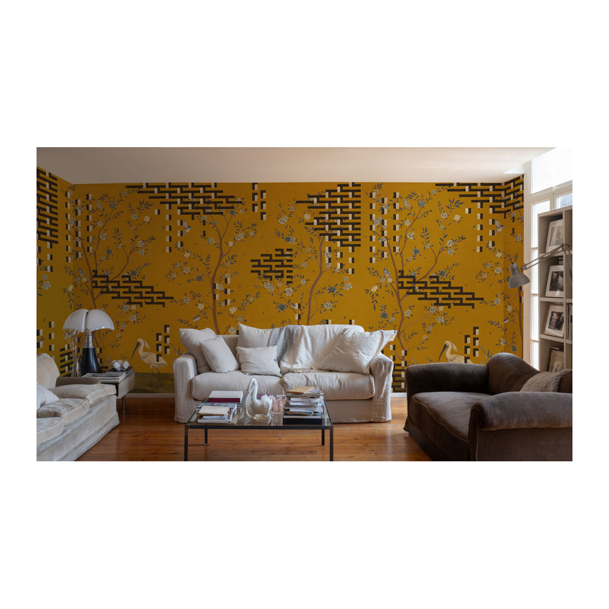Tres Tintas Wandbild Tetris Chinoiseries in Gelb mit floralen und geometrischen Motiven - Bild 1