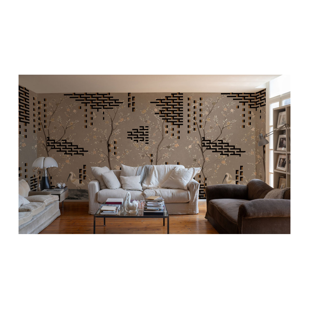 Tres Tintas Wandbild Tetris Chinoiseries in Grau mit floralem und geometrischem Design - Bild 1