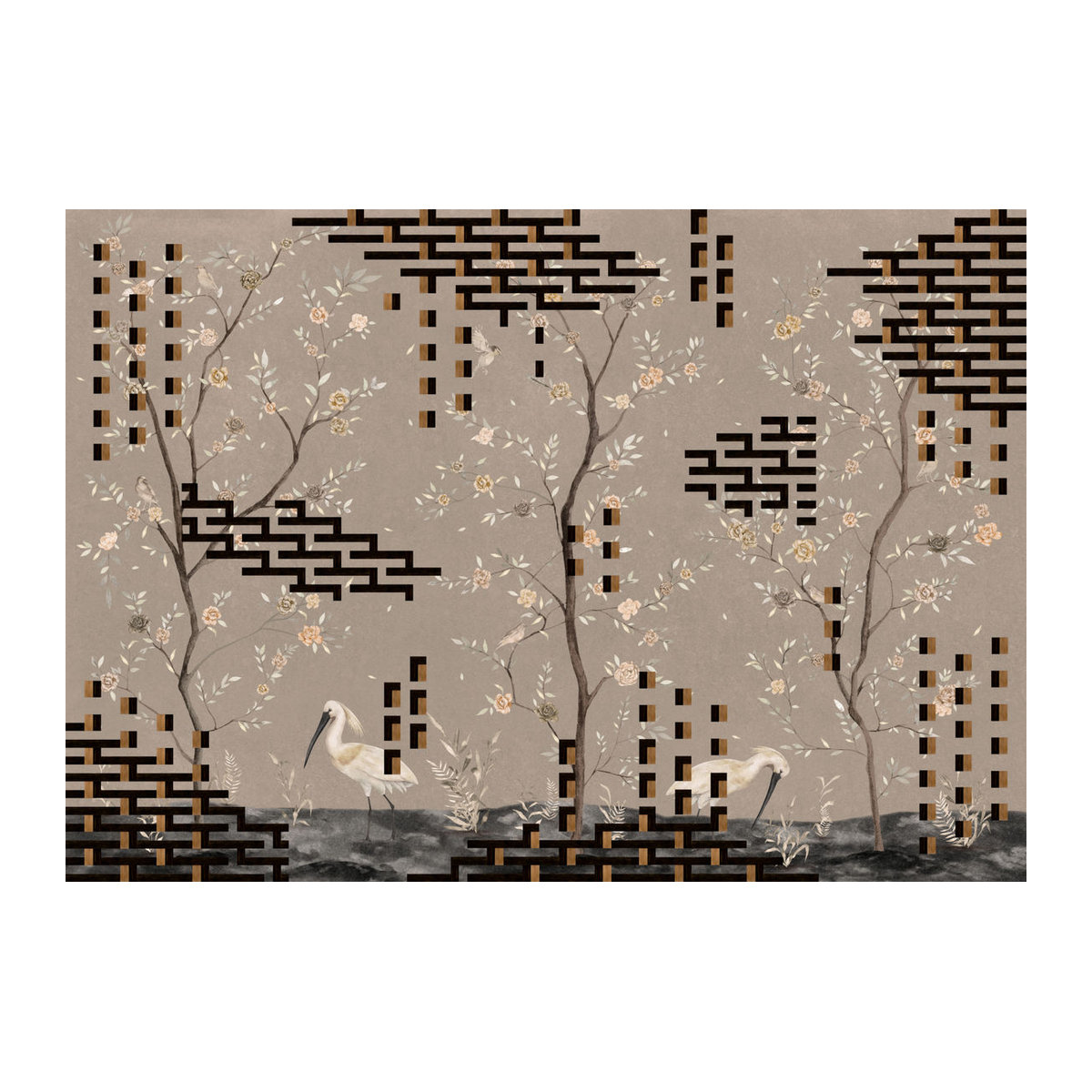Tres Tintas Wandbild Tetris Chinoiseries in Grau mit floralem und geometrischem Design - Bild 2