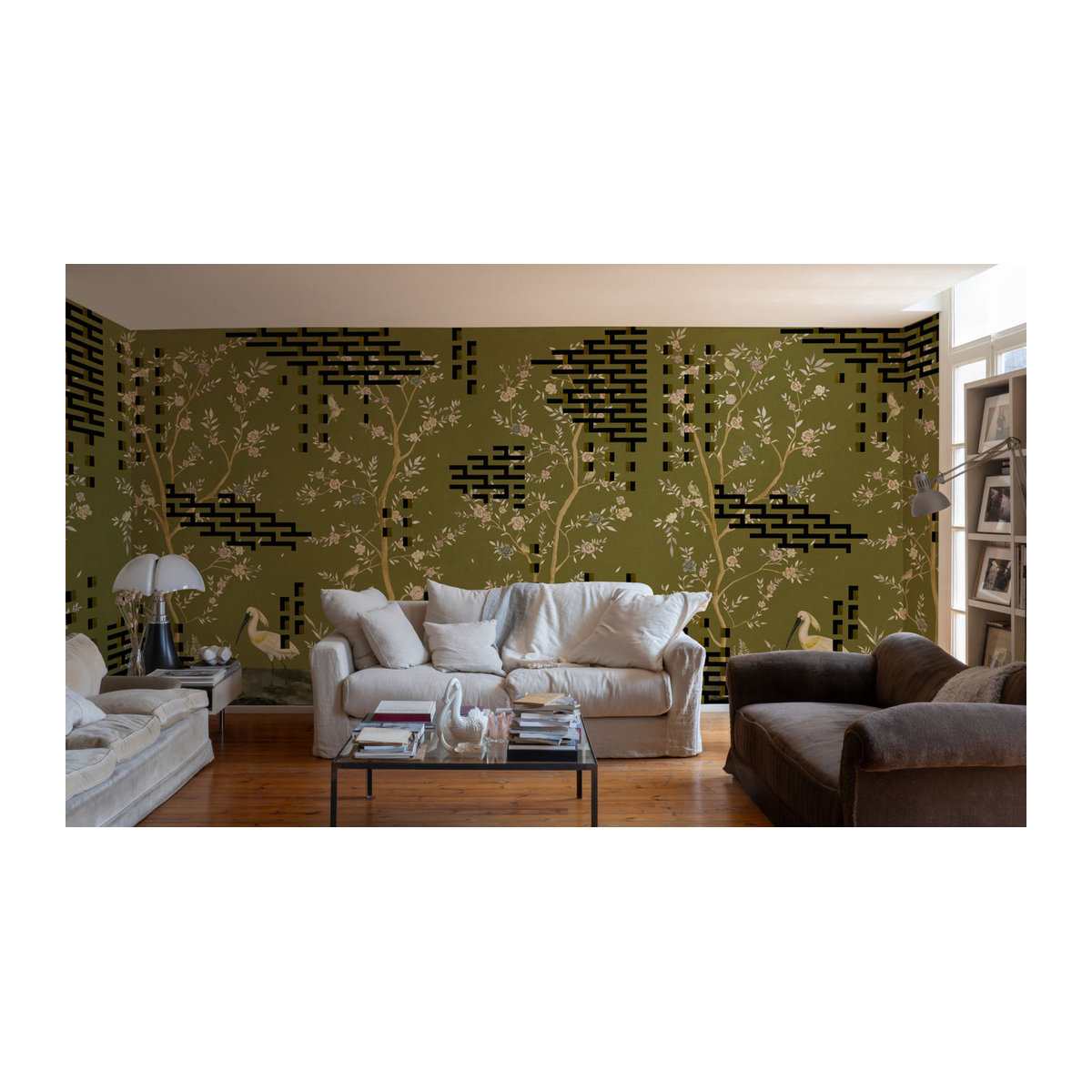 Tres Tintas Wandbild Tetris Chinoiseries in Grün mit floralem und geometrischem Design - Bild 1