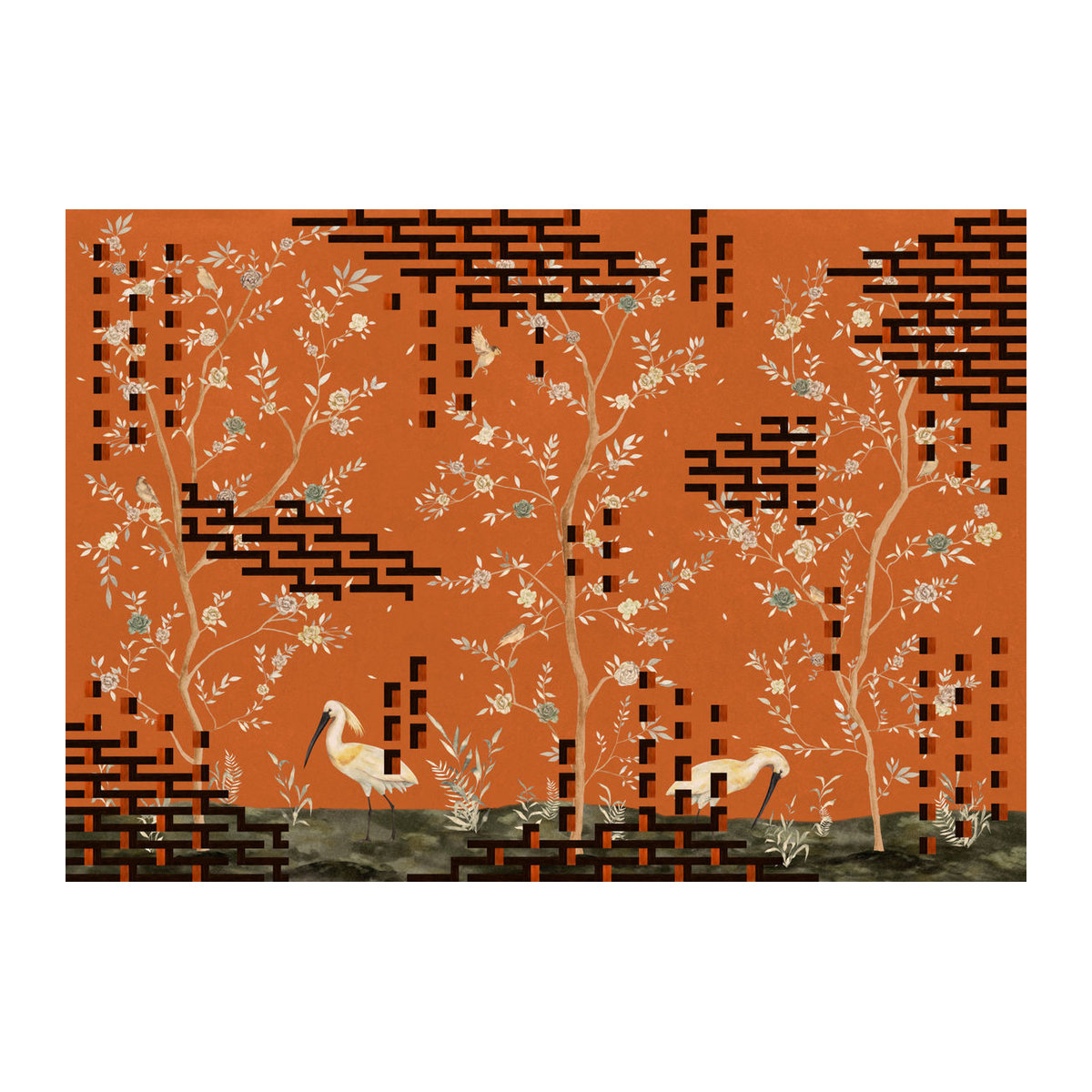 Tres Tintas Wandbild Tetris Chinoiseries in Orange mit floralen und geometrischen Motiven - Bild 2