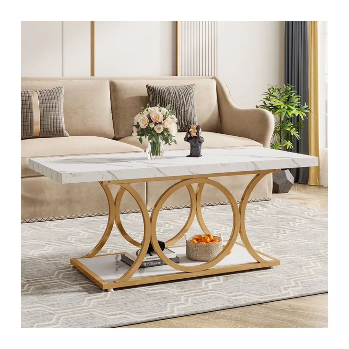 Tri besigns moderner rechteckiger Couchtisch aus Kunstmarmor und Holz in Weiß, Breite: 120 cm - Bild 1