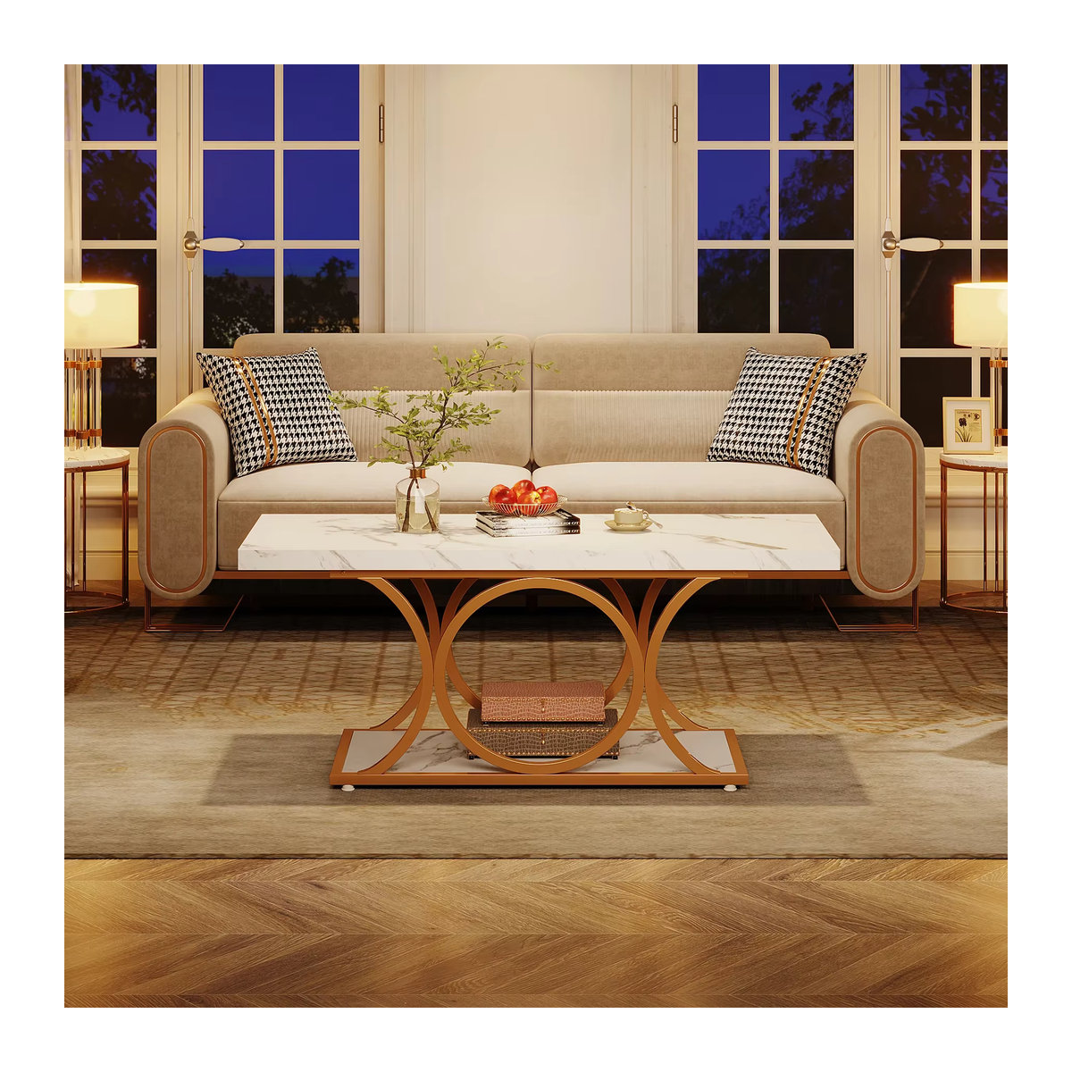 Tri besigns moderner rechteckiger Couchtisch aus Kunstmarmor und Holz in Weiß, Breite: 120 cm - Bild 5