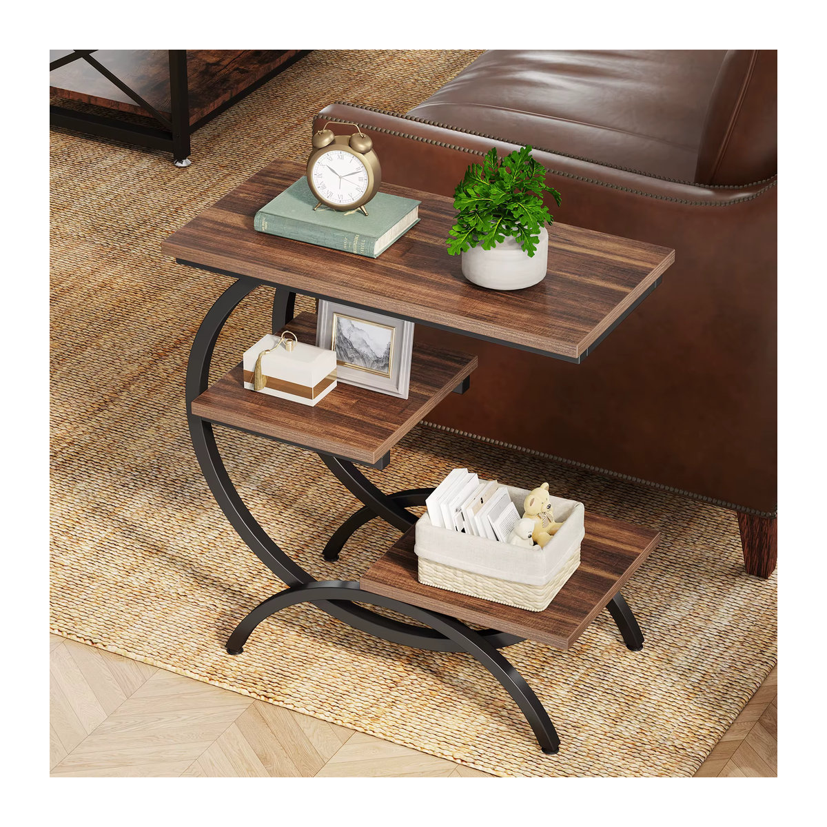 Tribesigns C-förmiger Beistelltisch im industriellen Design aus Holz, 3-stöckiger kleiner Couchtisch und Nachttisch in Light Brown - Bild 3