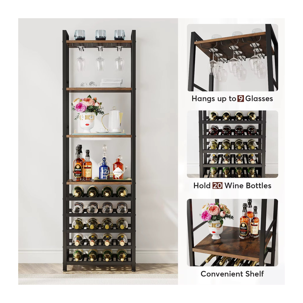 Tribesigns Weinregal im Industrial Design mit 9 Ebenen, Glashalter und Ablageflächen für 20 Flaschen, Schwarz/Braun - Bild 5