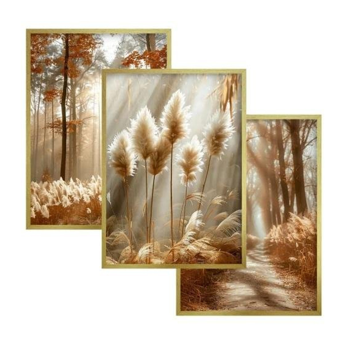 Triptychon Wanddekoration Boho Gräser im goldenen Rahmen mit Premium-Fotopapier und Plexiglas - Bild 1
