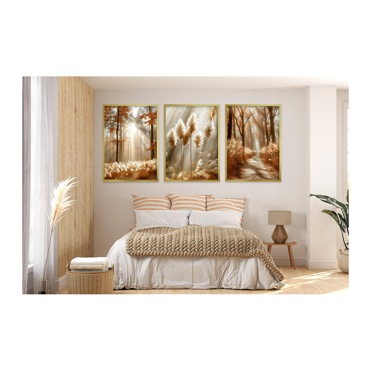 Triptychon Wanddekoration Boho Gräser im goldenen Rahmen mit Premium-Fotopapier und Plexiglas - Bild 3