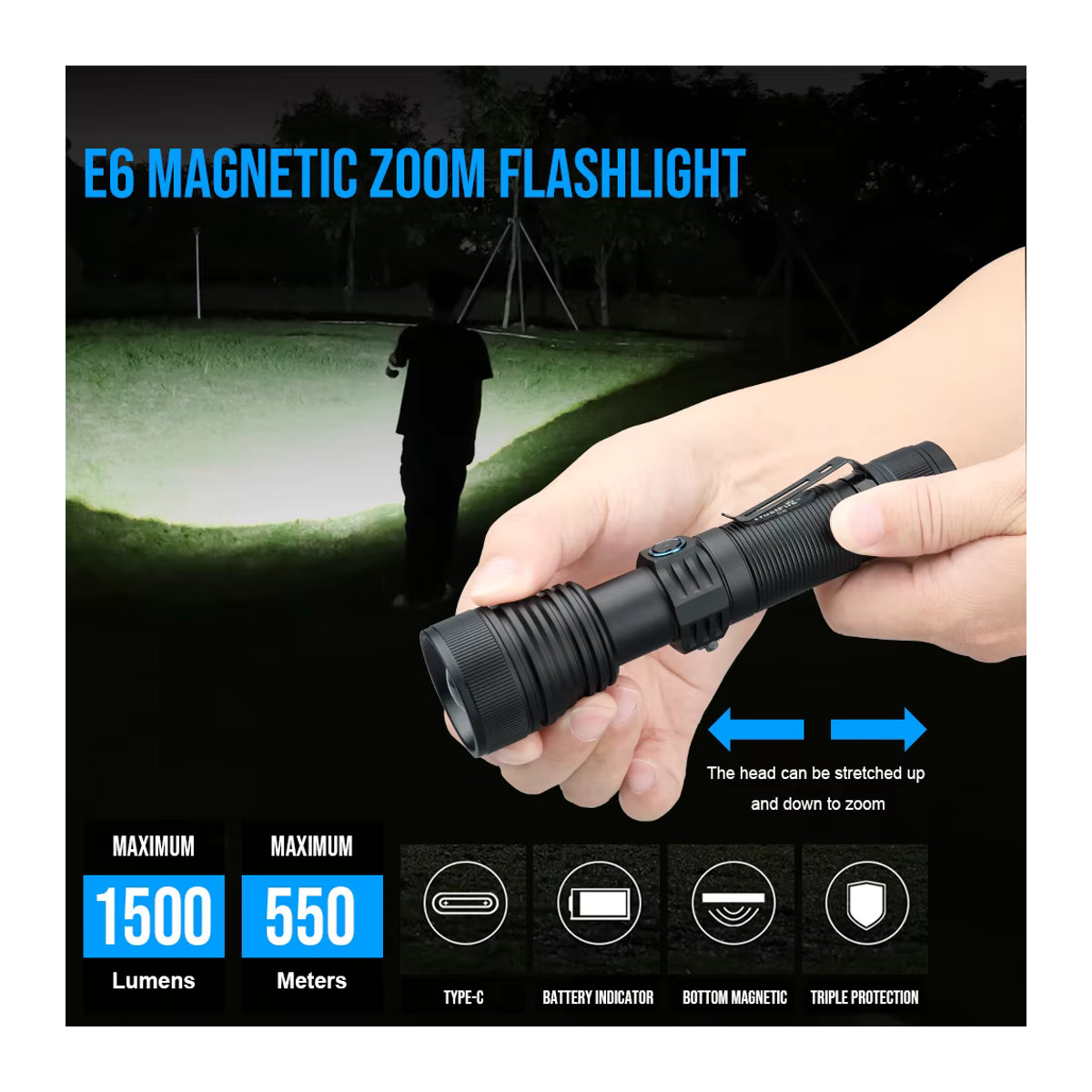 Trustfire E6 Zoombare LED-Taschenlampe mit 1500 Lumen, 550 m Reichweite, Powerbank-Funktion und Magnet - Bild 2