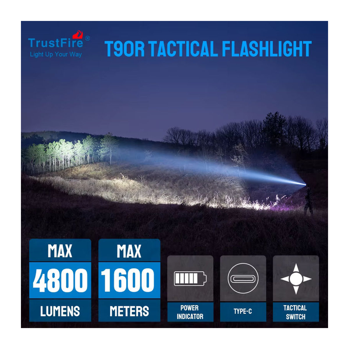 Trustfire T90R Jagd-Taschenlampe mit 4800 Lumen und 1600 Meter Reichweite, wiederaufladbare LED-Hochleistungs-Taschenlampe mit USB-C - Bild 2