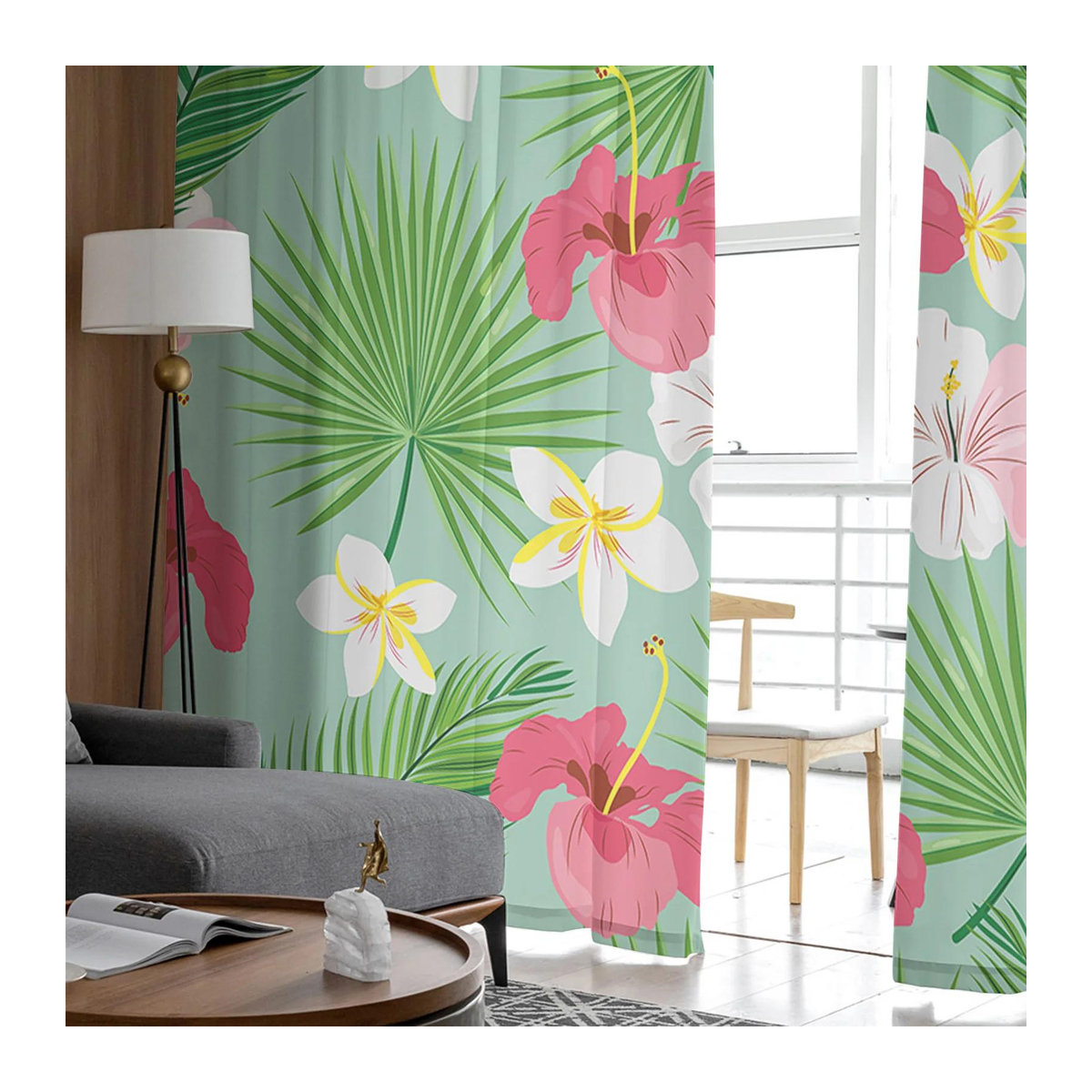 Tüllvorhang mit tropischem Hibiskus-Blattmuster aus transparentem Chiffon Polyester, 2er-Set, Breite: 100 cm, Höhe: 130 cm - Bild 1