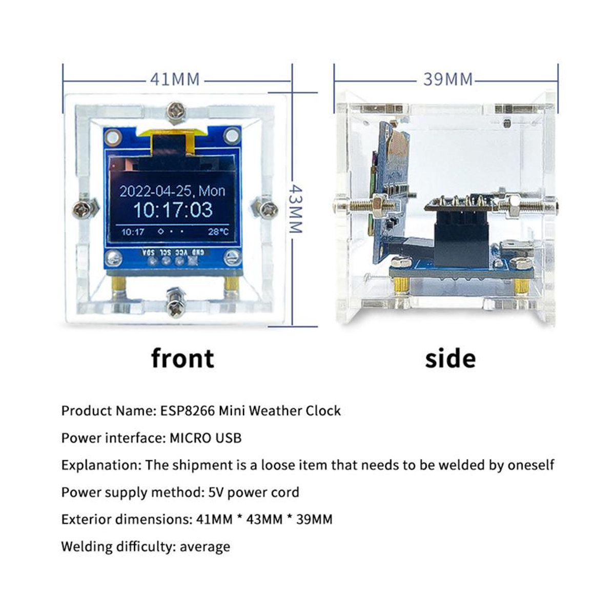 TuoHai Esp8266 Mini Wetteruhr Wifi Digitaluhr DIY Lötkit Multifunktionale Wetterstation aus Kunststoff in Transparent - Bild 3