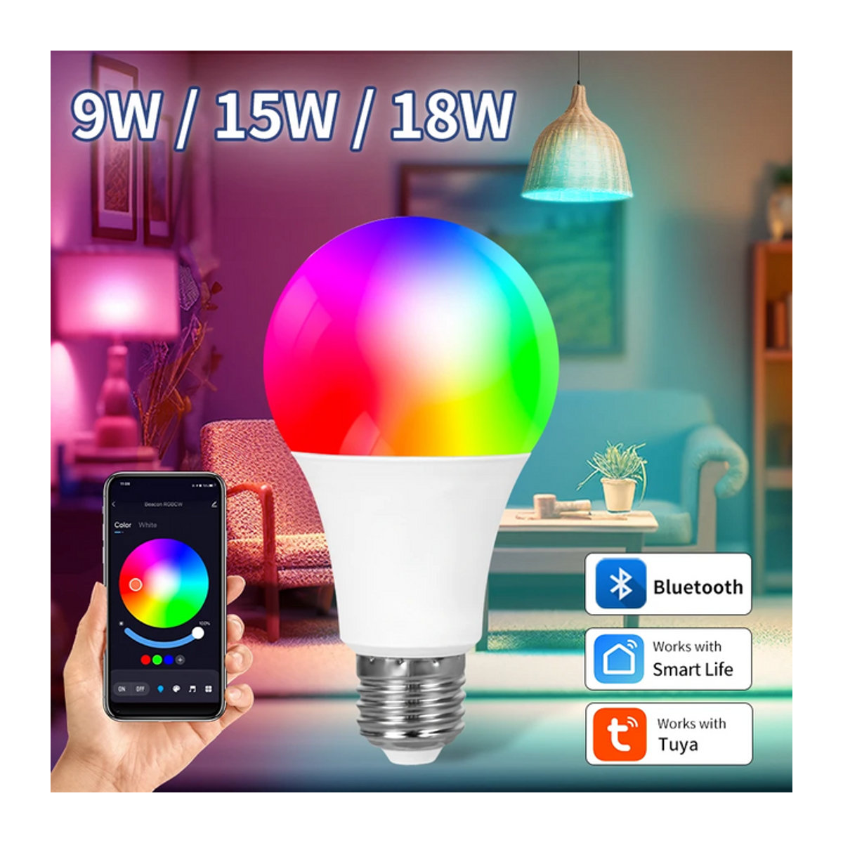 Tuya Smart Bluetooth RGB Smart Home Lampe E27 18W Bunt mit App-Steuerung und Dimmfunktion - Bild 1