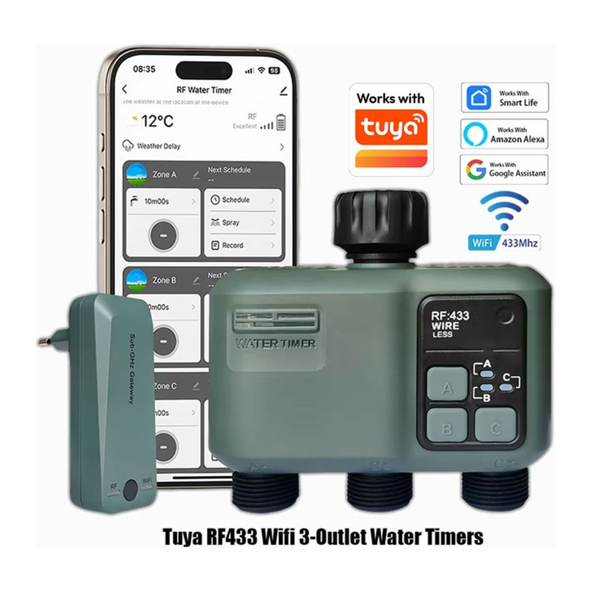 Tuya Smart Garden Sprinkler Wassertimer mit Wifi und RF433 App-Steuerung, programmierbarer automatischer Bewässerungsregler mit 3-Wege-Regenverzögerungsfilter - Bild 1