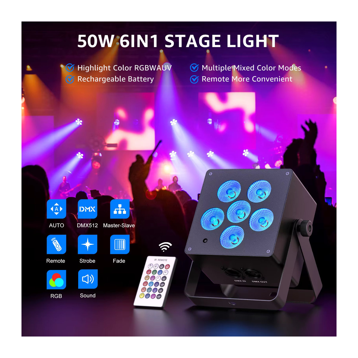 U'king 4er Set LED Par Lights 50W RGBWAUV 6-in-1 Bühnenlicht mit DMX512 und Fernbedienung für DJ, Disco und Party - Bild 3