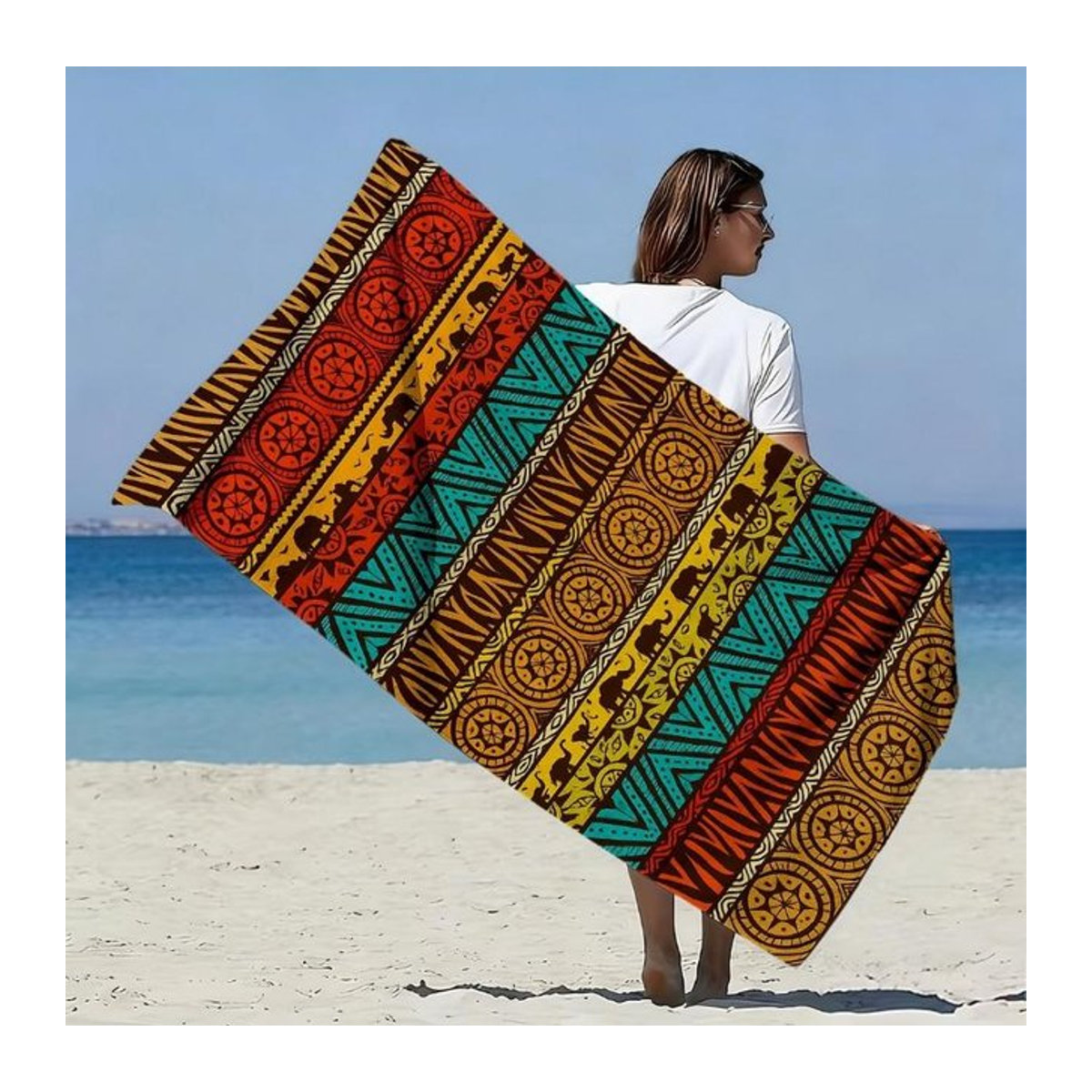 Übergroßes Mikrofaser Strandtuch im afrikanischen Stammesstil mit geometrischem Totem- und Elefanten-Print, Multicolor, Breite: 40 cm, Höhe: 60 cm - Bild 1
