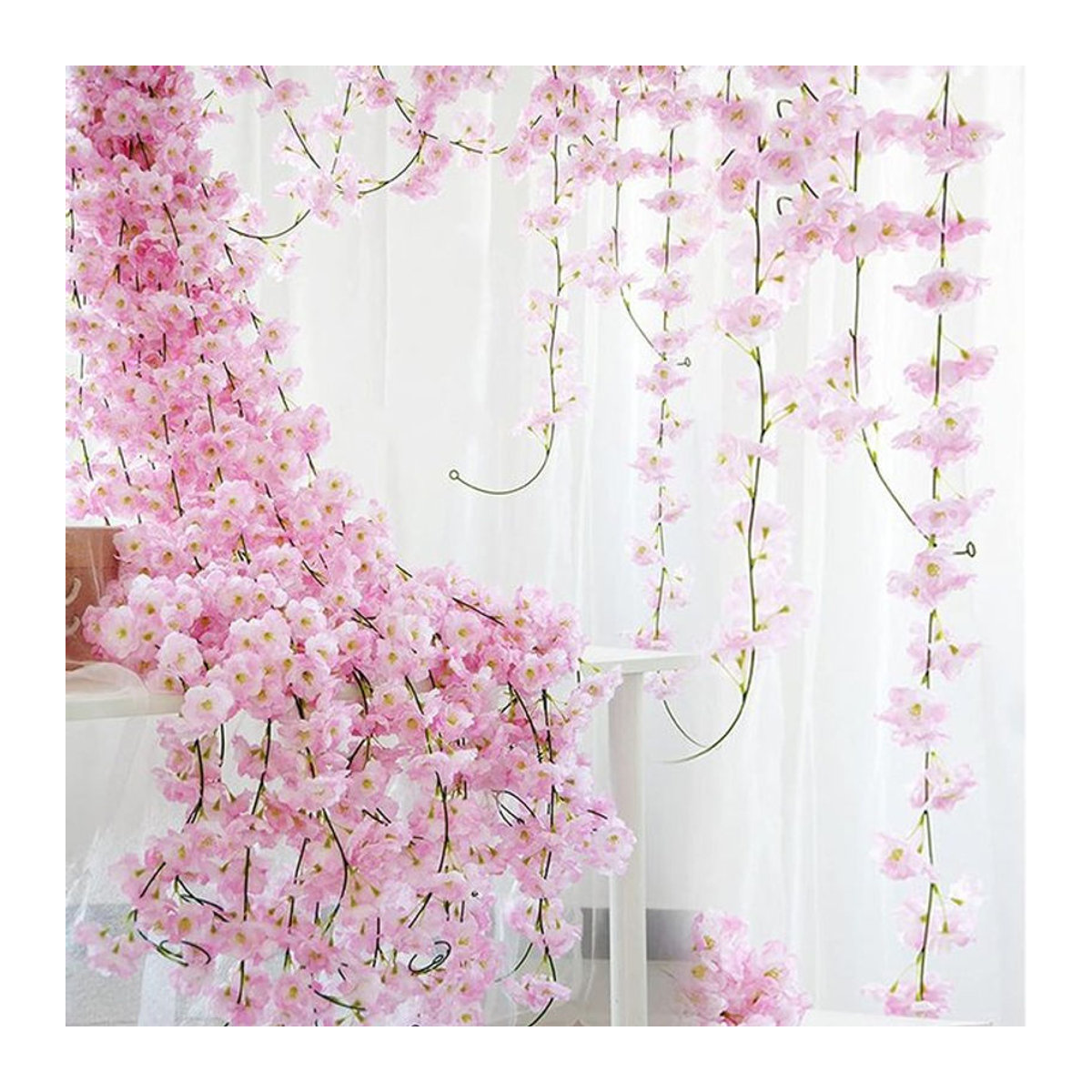 Uflower Künstliche Blumengirlande aus Textil in Rosa mit Blättern und Sakura-Blüten, Länge: 220 cm - Bild 1