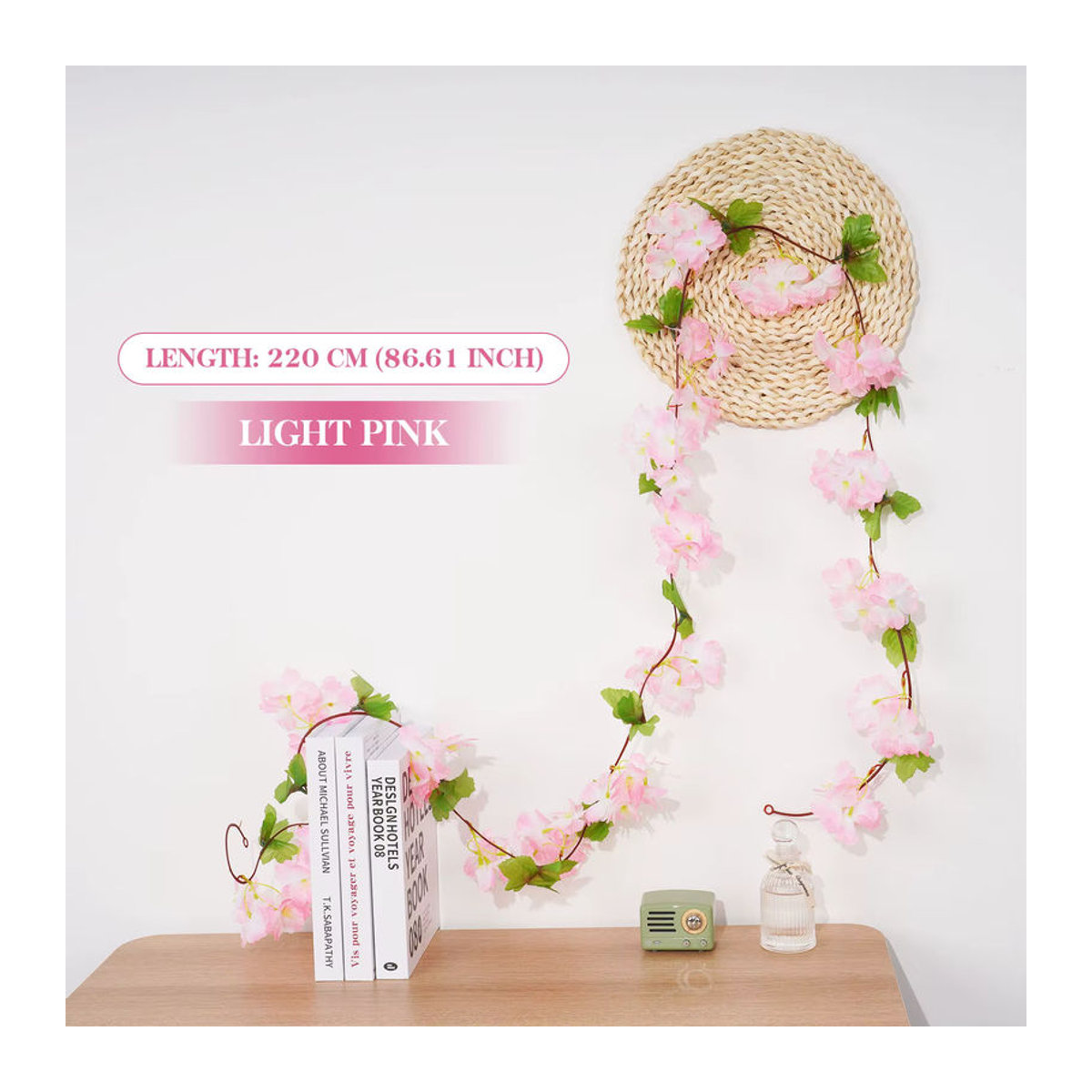 Uflower Künstliche Blumengirlande aus Textil in Rosa mit Blättern und Sakura-Blüten, Länge: 220 cm - Bild 2